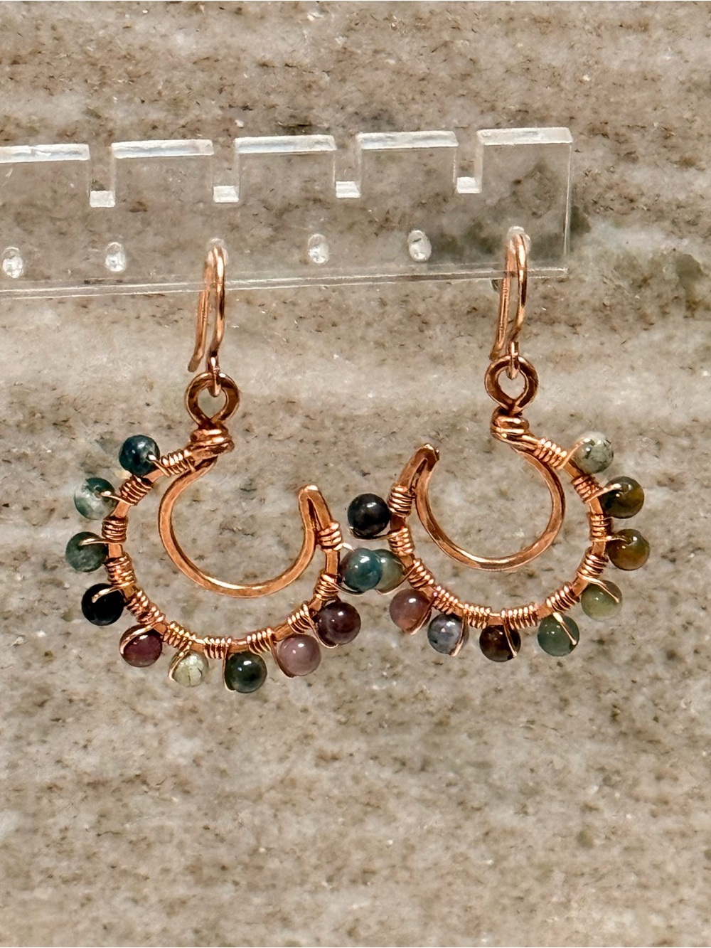 Handmade Copper Crescent Moon Hoops with Natural Fancy Jasper Gemstones 🌙✨